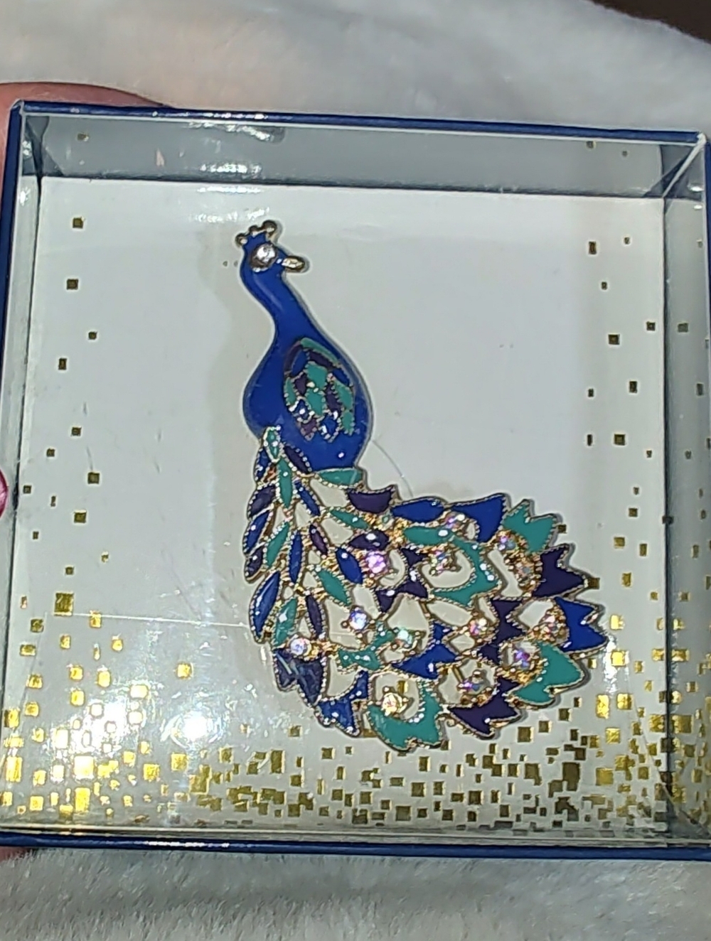Cloisonne Enamel Peacock Brooch - Blue & Teal With AB Clear Rhinestone Accents